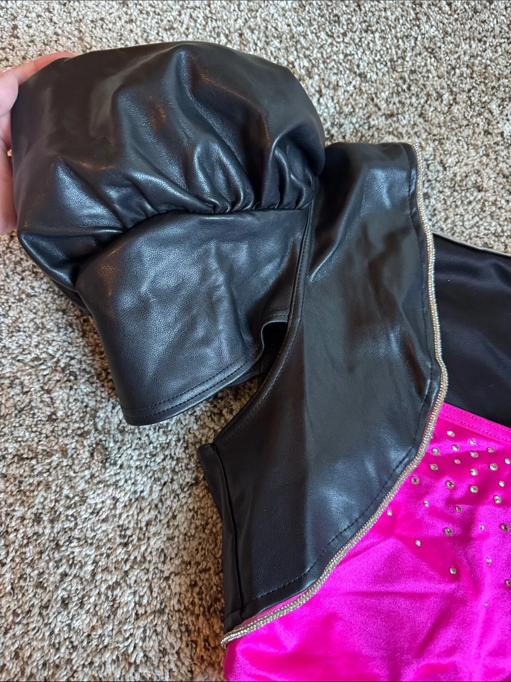 Weissman Black pleather and Hot Pink Dance Costume with puff sleeves style 17581
